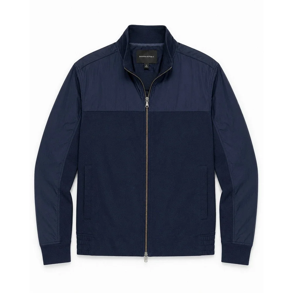 Banana Republic Mens Med Mixed Media Bomber Jacket Navy Blue Full Zip Preppy EUC